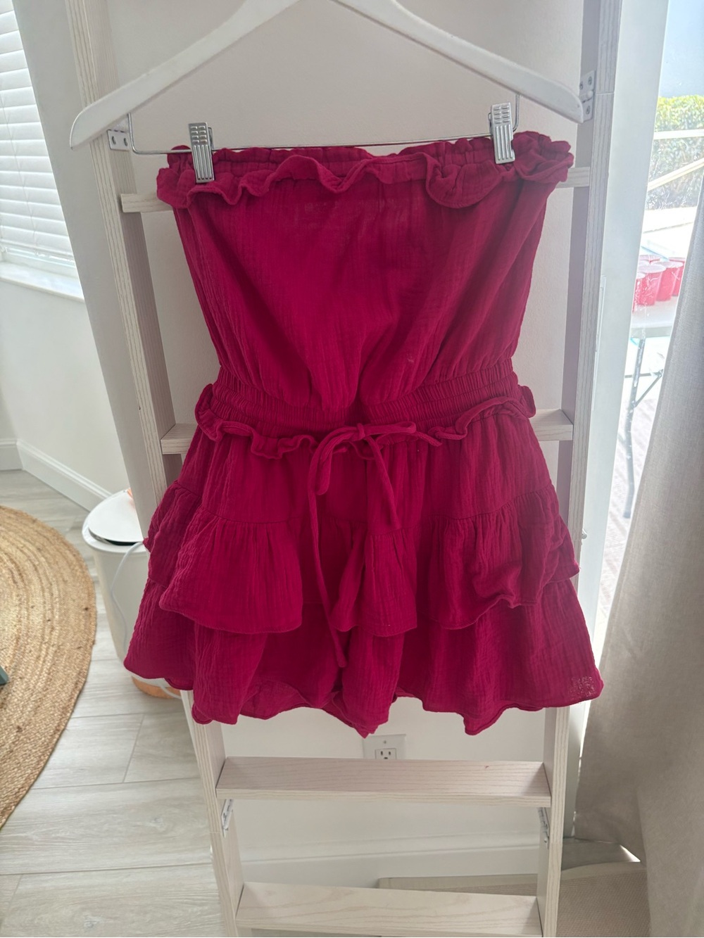 Doe & Rae Hot Pink Strapless Ruffled Romper - Picture 3 of 6